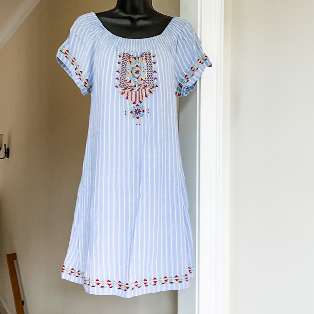 ANDREE sz S blue white stretch tunic dress